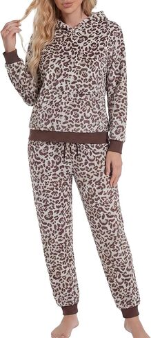 U2SKIIN Leopard Print Fleece Pajamas for Women Set Hooded Top with Kangaroo Pocket Warm Soft Flannel Loungewear Sleepwear in Kuwait