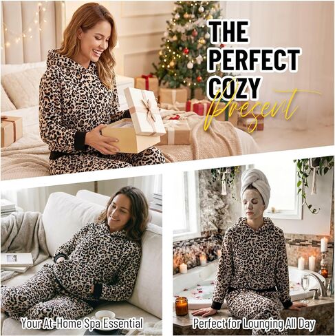 U2SKIIN Leopard Print Fleece Pajamas for Women Set Hooded Top with Kangaroo Pocket Warm Soft Flannel Loungewear Sleepwear in Kuwait