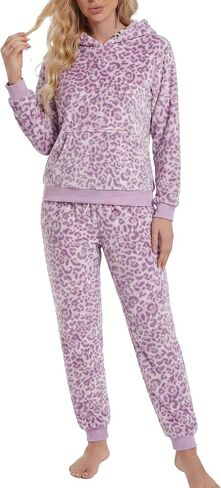 U2SKIIN Leopard Print Fleece Pajamas for Women Set Hooded Top with Kangaroo Pocket Warm Soft Flannel Loungewear Sleepwear in Kuwait