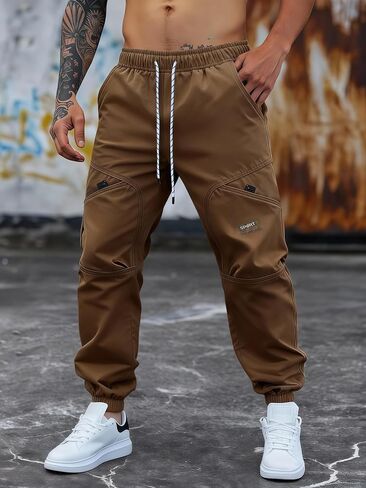 بنطال Cargo Jogger للرجال، بنطال رياضي خفيف الوزن كاجوال للتمرين مع جيوب متعددة، خصر برباط قابل للتعديل in Kuwait