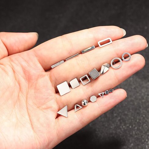 Thunaraz 18Pairs الفولاذ المقاوم للصدأ أقراط صغيرة مجموعة للنساء الرجال دائرة مربع نجمة بار مثلث هندسي أقراط مجموعات الحد الأدنى فاسق ثقب الأذن مجموعة in Kuwait
