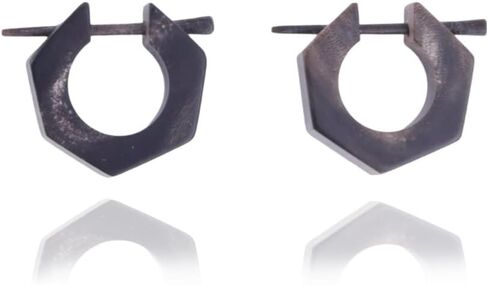 Natural Black Horn Handmade Carved Stick Posts Earrings Huggie Hoop for Men Women, Cool Hexagon Shape Tribal Hypoallergenic Jewelry in Kuwait