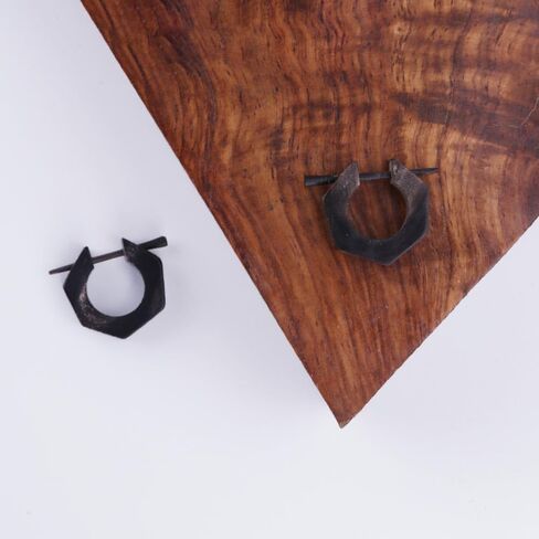 Natural Black Horn Handmade Carved Stick Posts Earrings Huggie Hoop for Men Women, Cool Hexagon Shape Tribal Hypoallergenic Jewelry in Kuwait