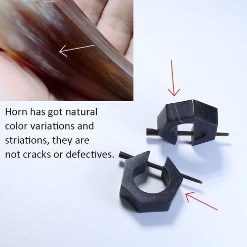 Natural Black Horn Handmade Carved Stick Posts Earrings Huggie Hoop for Men Women, Cool Hexagon Shape Tribal Hypoallergenic Jewelry in Kuwait
