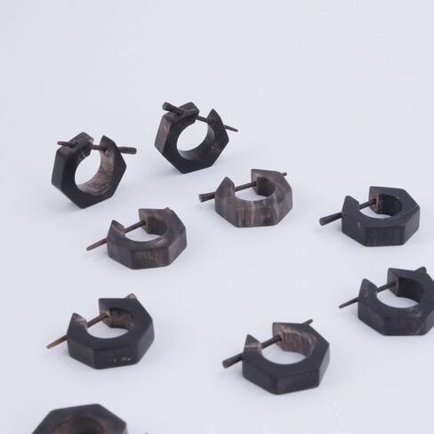 Natural Black Horn Handmade Carved Stick Posts Earrings Huggie Hoop for Men Women, Cool Hexagon Shape Tribal Hypoallergenic Jewelry in Kuwait