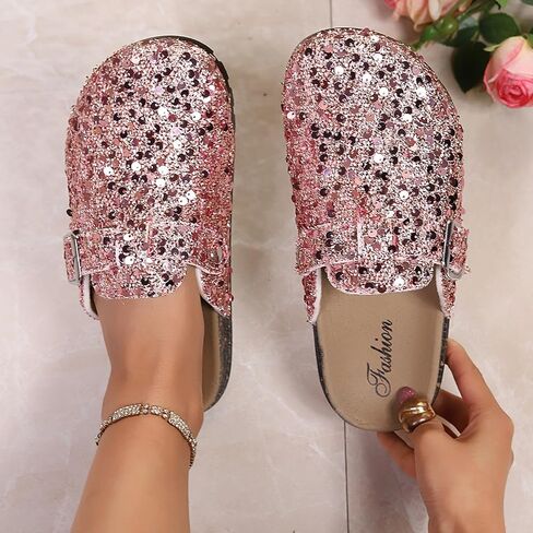 Clogs and Mules Shoes for Women Glitter PU Upper Comfortable Thick Sole Casual Half Slippers for Daily Outdoor Wear in Kuwait
