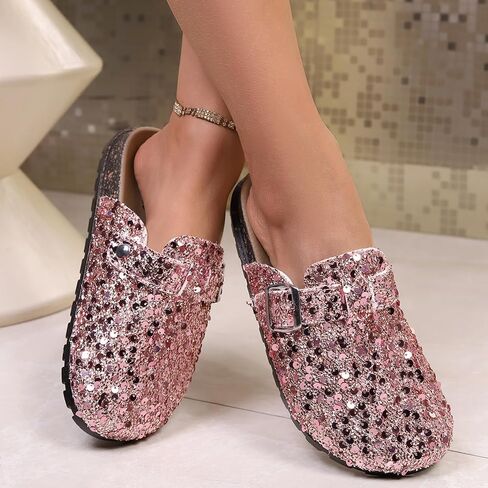 Clogs and Mules Shoes for Women Glitter PU Upper Comfortable Thick Sole Casual Half Slippers for Daily Outdoor Wear in Kuwait