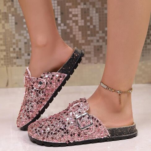 Clogs and Mules Shoes for Women Glitter PU Upper Comfortable Thick Sole Casual Half Slippers for Daily Outdoor Wear in Kuwait