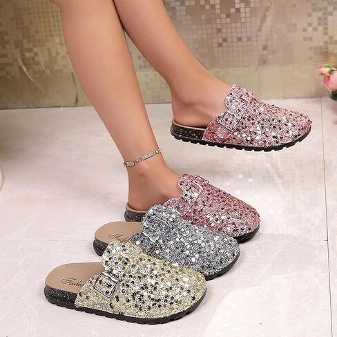 Clogs and Mules Shoes for Women Glitter PU Upper Comfortable Thick Sole Casual Half Slippers for Daily Outdoor Wear in Kuwait