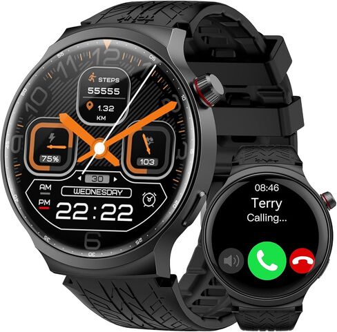 AMAZTIM Smart Watches for Men, 60 Days Extra-Long Battery, 50M Waterproof, Military Bluetooth Call(Answer/Dial Calls) Fitness Health Watch Compatible iPhone & Android, 1.43" HD AMOLED (Black) in Kuwait