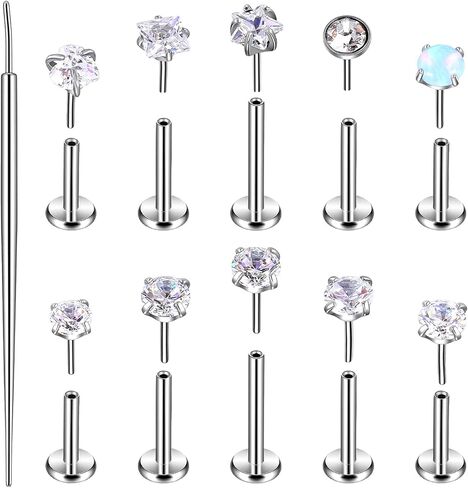 10 Pcs 18G Threadless Push in Flat Back Piercing Jewelry Stainless Steel Nose Rings Labret Lip Studs Cartilage Helix Tragus Earrings 6mm 7mm 8mm Bars for Women Men in Saudi Arabia