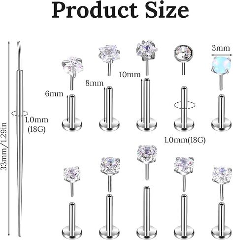 10 Pcs 18G Threadless Push in Flat Back Piercing Jewelry Stainless Steel Nose Rings Labret Lip Studs Cartilage Helix Tragus Earrings 6mm 7mm 8mm Bars for Women Men in Saudi Arabia