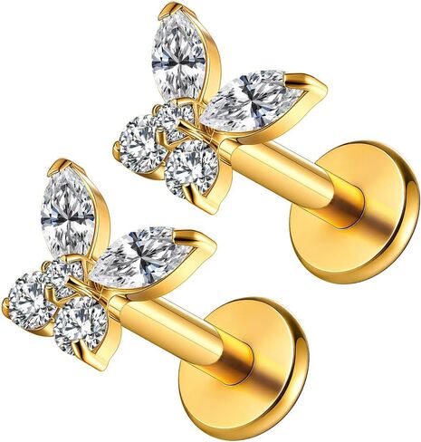 1 Pair ASTM F136 Titanium 16G Butterfly flower Threadless Flatback Piercing Ear Stud for Nose, Labret, Tragus, Helix, Conch with Post- Cartilage Earring Body Piercing Jewelry in Saudi Arabia
