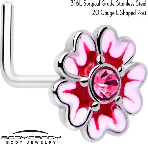 Body Candy 20 Gauge Nose Ring - 316L Stainless Steel L-Shape Nose Ring Dainty Pink Flower Nose Stud for Women Men in Kuwait