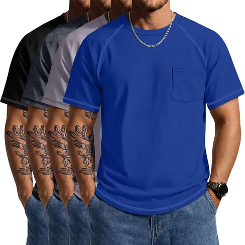 Ficerd 4 حزمة رجل تي شيرت كبير وطويل القامة طاقم الرقبة قصيرة الأكمام L-5XL تيز الصيف عارضة راجلان قمم مع جيب فضفاضة تناسب in Kuwait