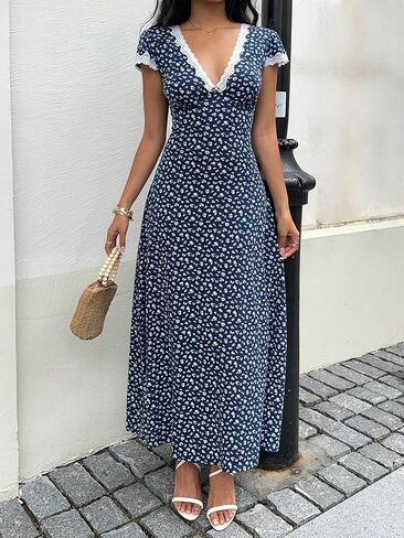 Women's Floral Print Lace Trim Maxi Dress V Neck Short Sleeve Bodycon Long Dress for Date Vacation Office in Kuwait