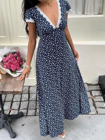 Women's Floral Print Lace Trim Maxi Dress V Neck Short Sleeve Bodycon Long Dress for Date Vacation Office in Kuwait