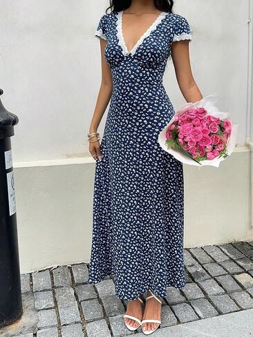 Women's Floral Print Lace Trim Maxi Dress V Neck Short Sleeve Bodycon Long Dress for Date Vacation Office in Kuwait