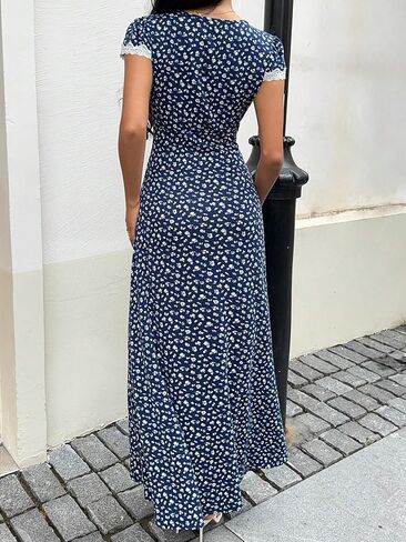 Women's Floral Print Lace Trim Maxi Dress V Neck Short Sleeve Bodycon Long Dress for Date Vacation Office in Kuwait