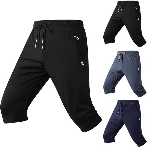 Men's 3/4 Jogger Capri Pants Workout Gym Below Knee Shorts Summer Casual Elastic Waisted Joggers Sweatpant Zip Pockets in Kuwait