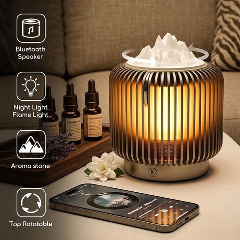 Masdio Bluetooth Speaker & Aroma Diffuser Night Light, Rotating Mountain Aroma Diffuser, Candlelight Mode, Stepless Dimming, 14H Battery, Lantern-Inspired Metal Design for Bedroom in Saudi Arabia