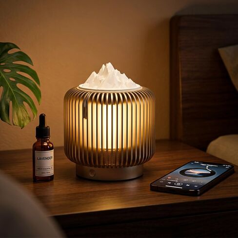 Masdio Bluetooth Speaker & Aroma Diffuser Night Light, Rotating Mountain Aroma Diffuser, Candlelight Mode, Stepless Dimming, 14H Battery, Lantern-Inspired Metal Design for Bedroom in Saudi Arabia