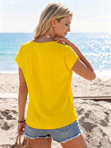 Womens V Neck T Shirts Spring Summer Cap Sleeve Loose Fit Basic Tees for Work Business Casual Office Vacation Clothes in Kuwait