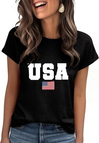 Women’s American Flag Shirts Short Sleeve Graphic Print Crewneck Relaxed Summer Tee Tops in Saudi Arabia