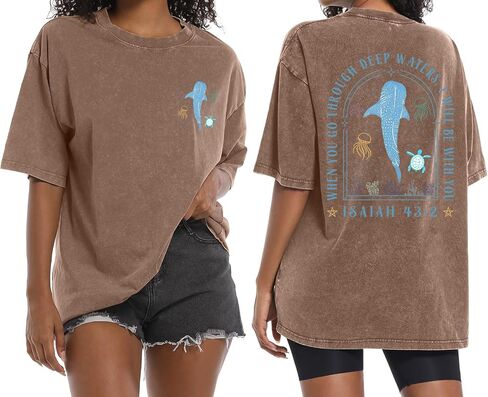 Christian Oversized Shirt for Women Whale Shark Jesus Faith Bible Verse Shirts Graphic Tees Acid Wash Tshirts in Saudi Arabia