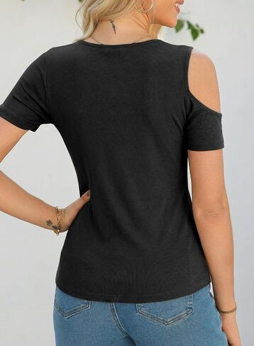 Dokotoo المرأة الصيف قمم قصيرة الأكمام الباردة الكتف المعادن مزين الأزياء تي شيرت مضلع متماسكة سليم صالح المحملة البلوزات in Kuwait
