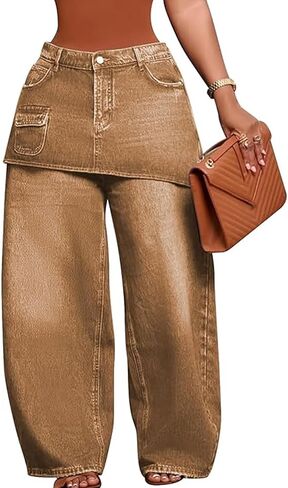 NRTHYE Women Wide Leg Cargo Jeans Patchwork High Waisted Casual Baggy Skirt Denim Pants Trousers Streetwear in Kuwait