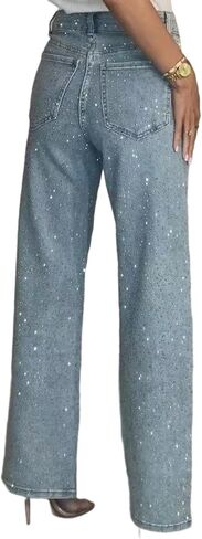 Tcremisa Womens Rhinestone Jeans High Waisted Straight Leg Denim Pants Sparkly Bling Glitter Diamond Pearls Jeans in Saudi Arabia