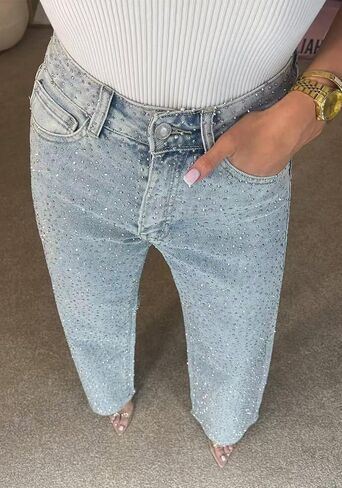Tcremisa Womens Rhinestone Jeans High Waisted Straight Leg Denim Pants Sparkly Bling Glitter Diamond Pearls Jeans in Saudi Arabia