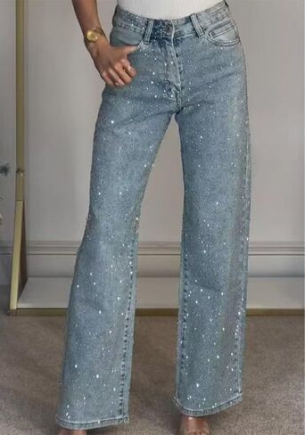 Tcremisa Womens Rhinestone Jeans High Waisted Straight Leg Denim Pants Sparkly Bling Glitter Diamond Pearls Jeans in Saudi Arabia