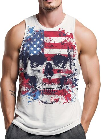 Mens American Flag Skull Tank Tops Patriotic USA Sleeveless Shirt Graphic Gym Workout Muscle Tee in Saudi Arabia