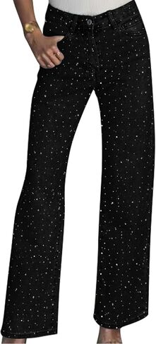 Tcremisa Womens Rhinestone Jeans High Waisted Straight Leg Denim Pants Sparkly Bling Glitter Diamond Pearls Jeans in Saudi Arabia