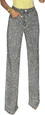 Tcremisa Womens Rhinestone Jeans High Waisted Straight Leg Denim Pants Sparkly Bling Glitter Diamond Pearls Jeans in Saudi Arabia