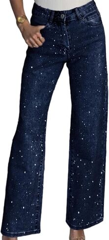 Tcremisa Womens Rhinestone Jeans High Waisted Straight Leg Denim Pants Sparkly Bling Glitter Diamond Pearls Jeans in Saudi Arabia