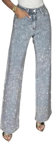 Tcremisa Womens Rhinestone Jeans High Waisted Straight Leg Denim Pants Sparkly Bling Glitter Diamond Pearls Jeans in Saudi Arabia