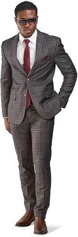 Slim Fit Suit 2 Button Peak Lapel Windowpane Plaid Vest Optional 35071 in Saudi Arabia