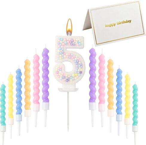 Number Birthday Candle Set - 1PCS Number Cake Candle, 12PCS Spiral Birthday Candles with Blank Birthday Card, Cake Topper Decorations for Birthday Party (Macaron Glitter) (Macaron Glitter, Number 5) in Kuwait