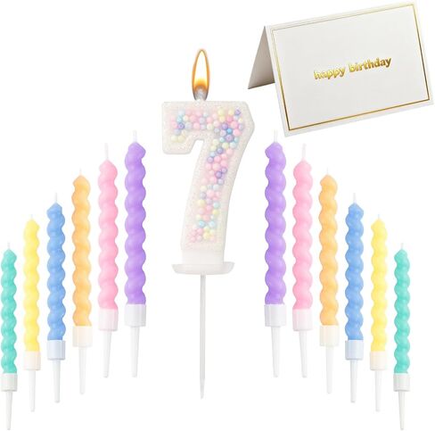 Number Birthday Candle Set - 1PCS Number Cake Candle, 12PCS Spiral Birthday Candles with Blank Birthday Card, Cake Topper Decorations for Birthday Party (Macaron Glitter) (Macaron Glitter, Number 5) in Saudi Arabia