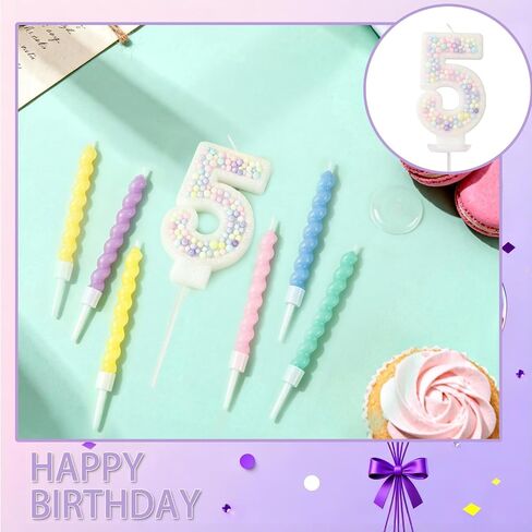 Number Birthday Candle Set - 1PCS Number Cake Candle, 12PCS Spiral Birthday Candles with Blank Birthday Card, Cake Topper Decorations for Birthday Party (Macaron Glitter) (Macaron Glitter, Number 5) in Kuwait