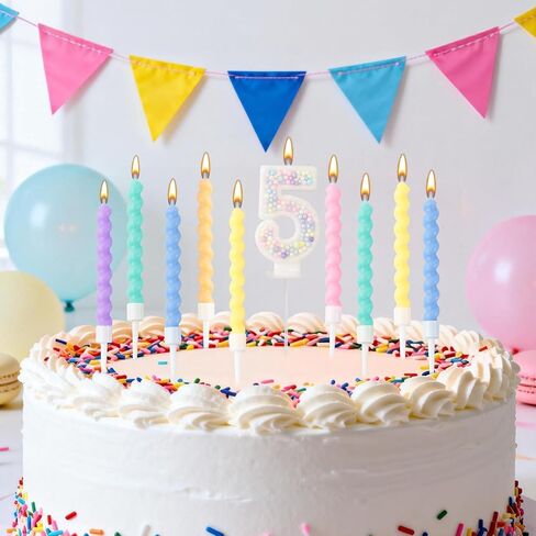 Number Birthday Candle Set - 1PCS Number Cake Candle, 12PCS Spiral Birthday Candles with Blank Birthday Card, Cake Topper Decorations for Birthday Party (Macaron Glitter) (Macaron Glitter, Number 5) in Kuwait