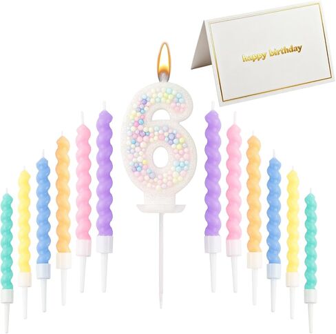 Number Birthday Candle Set - 1PCS Number Cake Candle, 12PCS Spiral Birthday Candles with Blank Birthday Card, Cake Topper Decorations for Birthday Party (Macaron Glitter) (Macaron Glitter, Number 5) in Kuwait