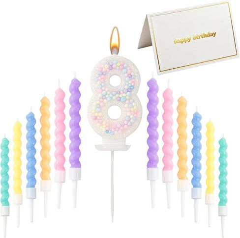 Number Birthday Candle Set - 1PCS Number Cake Candle, 12PCS Spiral Birthday Candles with Blank Birthday Card, Cake Topper Decorations for Birthday Party (Macaron Glitter) (Macaron Glitter, Number 5) in Kuwait
