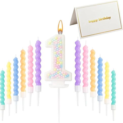 Number Birthday Candle Set - 1PCS Number Cake Candle, 12PCS Spiral Birthday Candles with Blank Birthday Card, Cake Topper Decorations for Birthday Party (Macaron Glitter) (Macaron Glitter, Number 5) in Kuwait