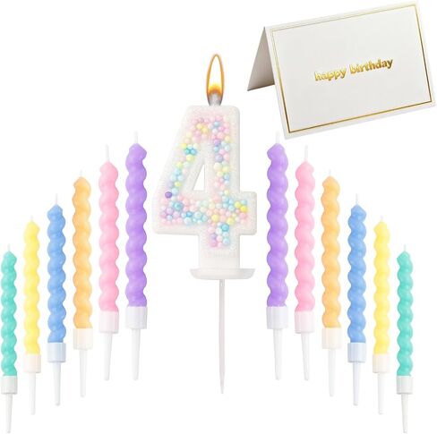 Number Birthday Candle Set - 1PCS Number Cake Candle, 12PCS Spiral Birthday Candles with Blank Birthday Card, Cake Topper Decorations for Birthday Party (Macaron Glitter) (Macaron Glitter, Number 5) in Kuwait