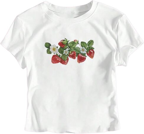 Verdusa Women's Cute Strawberry Shirt Y2k Fruit Graphic Print Crop Tops Short Sleeve Crew Neck Fitted Tee Shirts in Saudi Arabia