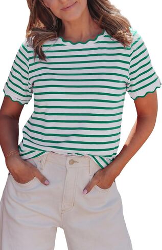 KevaMolly Womens Stripe Scalloped Trim Round Neck T Shirt Casual Soft Cotton Blend Breathable Tee Tops for Summer in Saudi Arabia